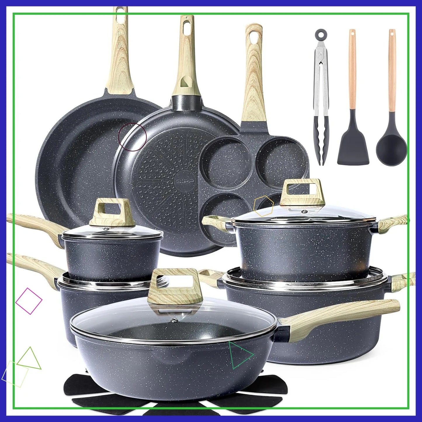 22Pcs Nonstick Cookware Set, Ceramic Pots and Pans Set, Healthy Kitchen Cooking Set with Frying Pans, Dishwasher Safe, Dark Gray