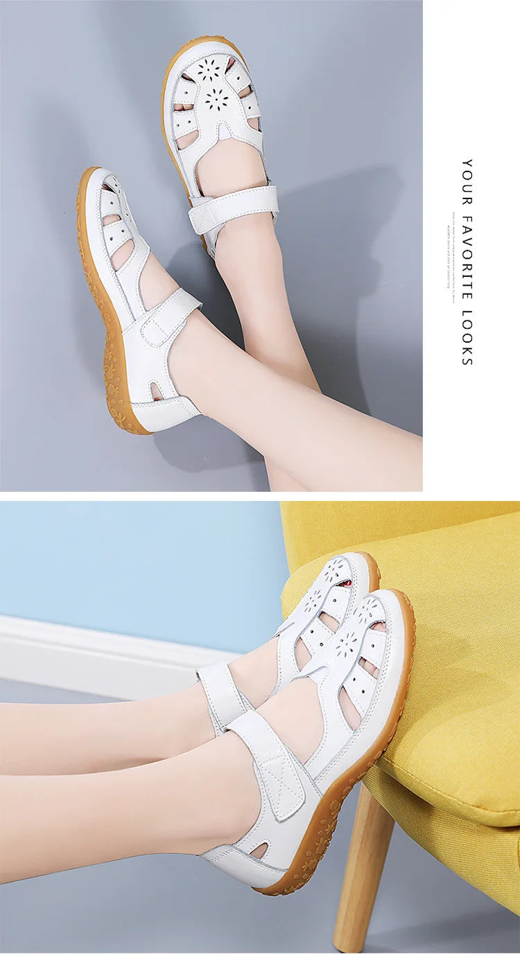 WOIZGIC Female Ladeis Mother Women's Genuine Leather Loater Flats Sandals Shoes Summer Cool Soft Outside Beach