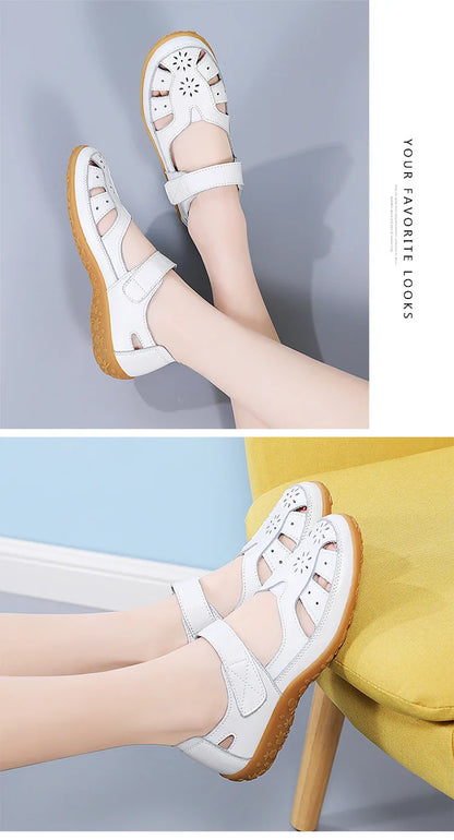 WOIZGIC Female Ladeis Mother Women's Genuine Leather Loater Flats Sandals Shoes Summer Cool Soft Outside Beach