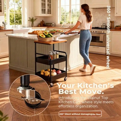 Three-Tier/Two-Tier Rolling Metal Kitchen Storage Trolley - 360° Lockable Casters, Heavy-Duty Metal Frame, Three-Tier Categorize
