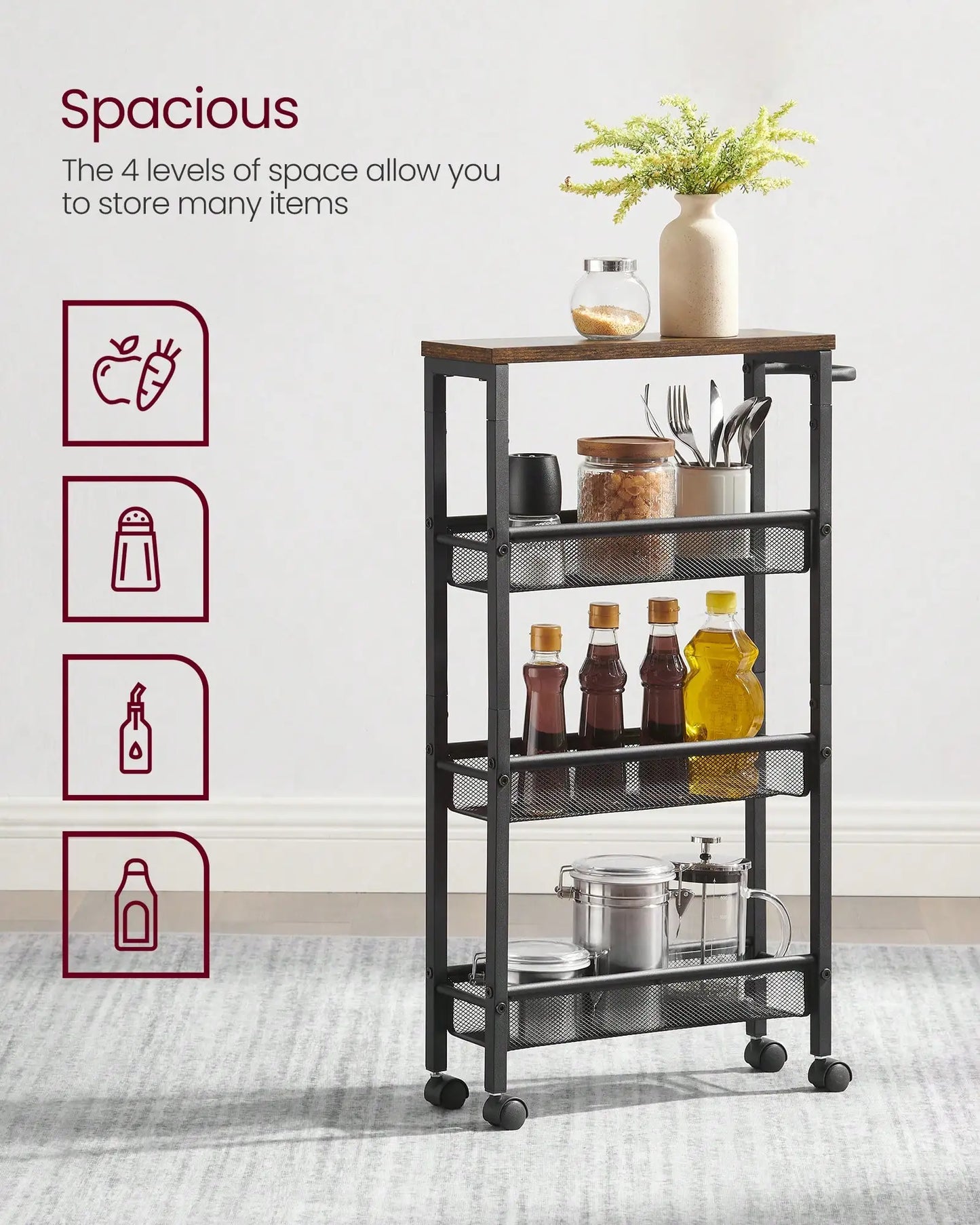 VASAGLE Slim Rolling Cart, 4-Tier Narrow Storage Cart With Handle, 5.1 Inches Deep, Metal Frame, For Kitchen, Dining Room, Livin