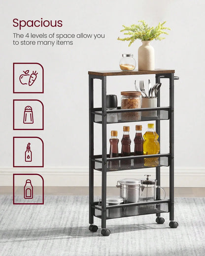 VASAGLE Slim Rolling Cart, 4-Tier Narrow Storage Cart With Handle, 5.1 Inches Deep, Metal Frame, For Kitchen, Dining Room, Livin
