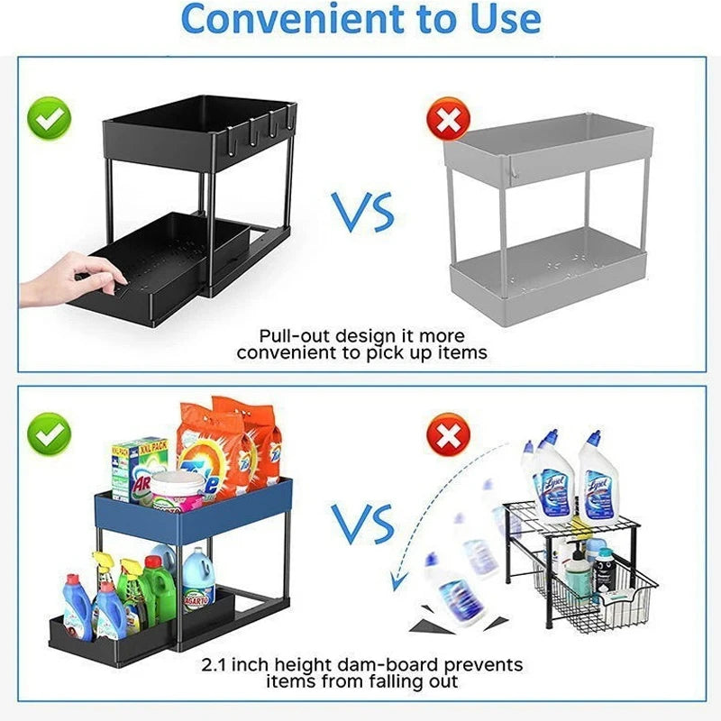 Double Layer Sliding Under Sink Storage Rack with Hanging Hooks Multifunctional Kitchen Bathroom Cabinet Organizer Rack