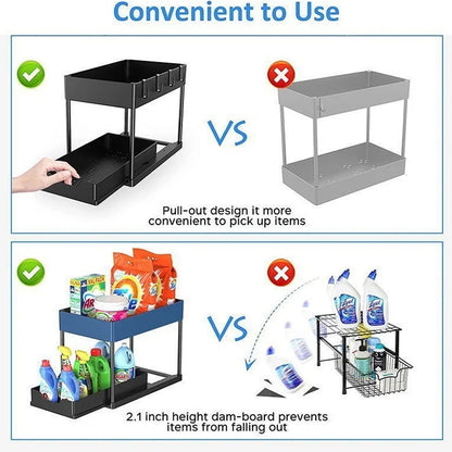 Double Layer Sliding Under Sink Storage Rack with Hanging Hooks Multifunctional Kitchen Bathroom Cabinet Organizer Rack