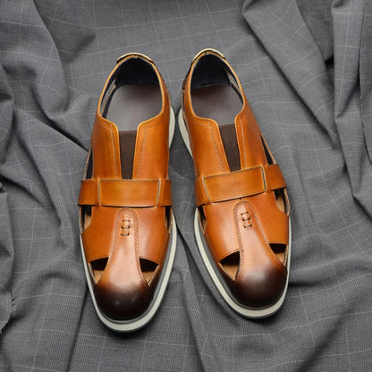 Classic Arabic Style Mens Sandals Genuine Cow Leather Slip-On Hollow Out Casual Business Party Dress Shoes for Men Flat Footwear
