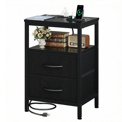 JHK 2 Fabric Drawers Night Stand with Open Shelf Bedside Table with USB Ports Charging Station Storage End Table for Living Room