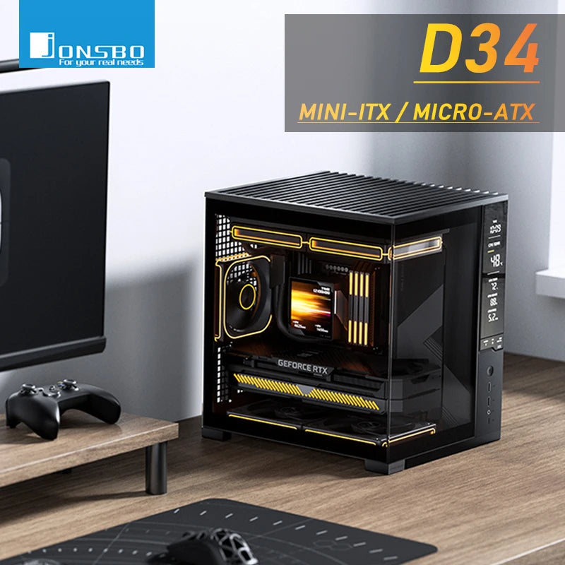 Jonsbo D34 MATX SeaviewRoom Chassis Support 280 Cold Row ATX Power Supply Type-C Digital Monitoring Screen Mini-ITX Desktop Case