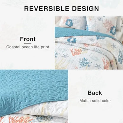 Coastal Quilt Bedding Set Size Reversible Summer Beach Quilt Lightweight Ocean Nautical Comforter Tropical Bedspread Coverlet w