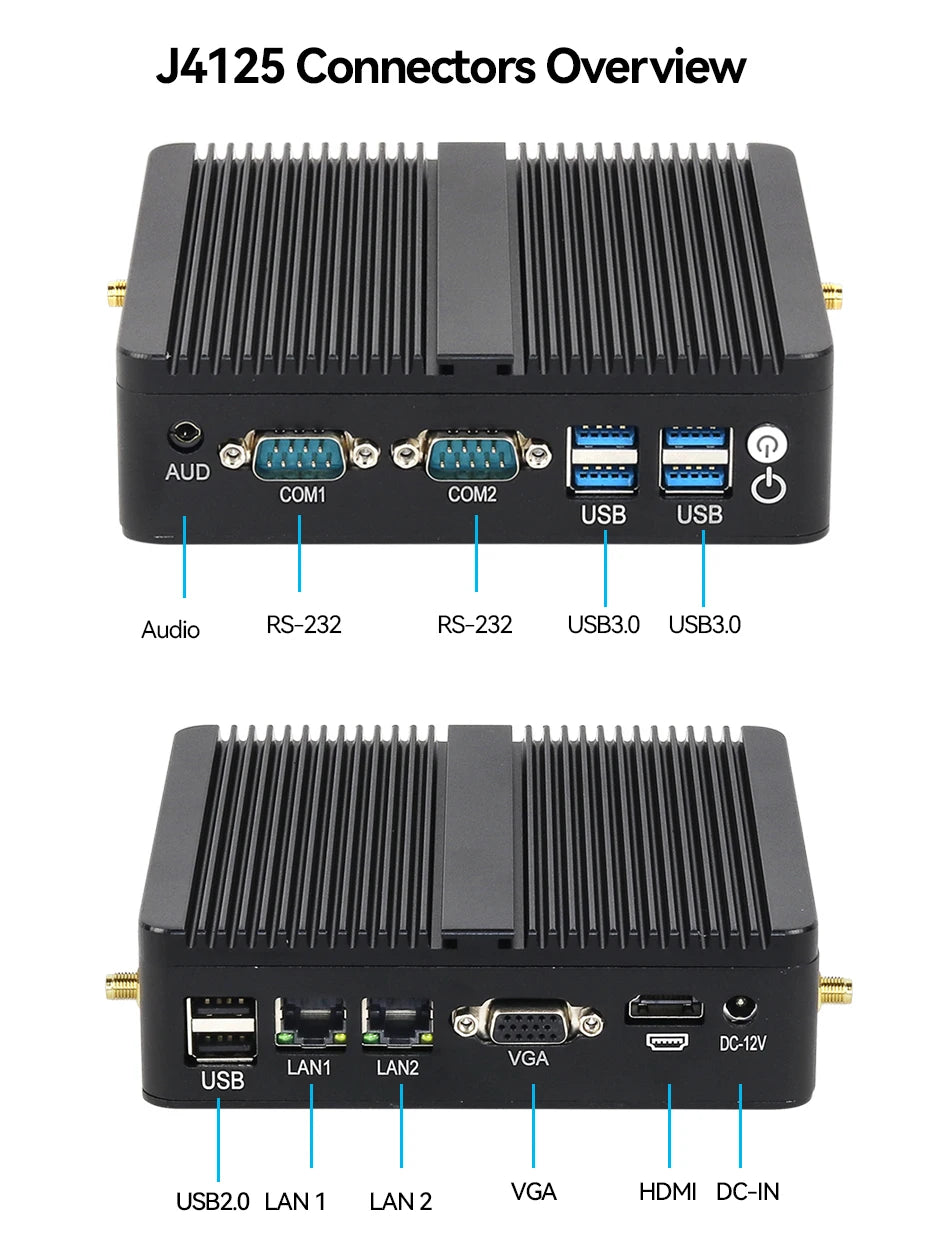 XCY Fanless Mini PC Intel Celeron J6412 N5105 2x GbE LAN 2x RS232 HDMI VGA WiFi 4G LTE Windows 10 Linux Industrial Computer