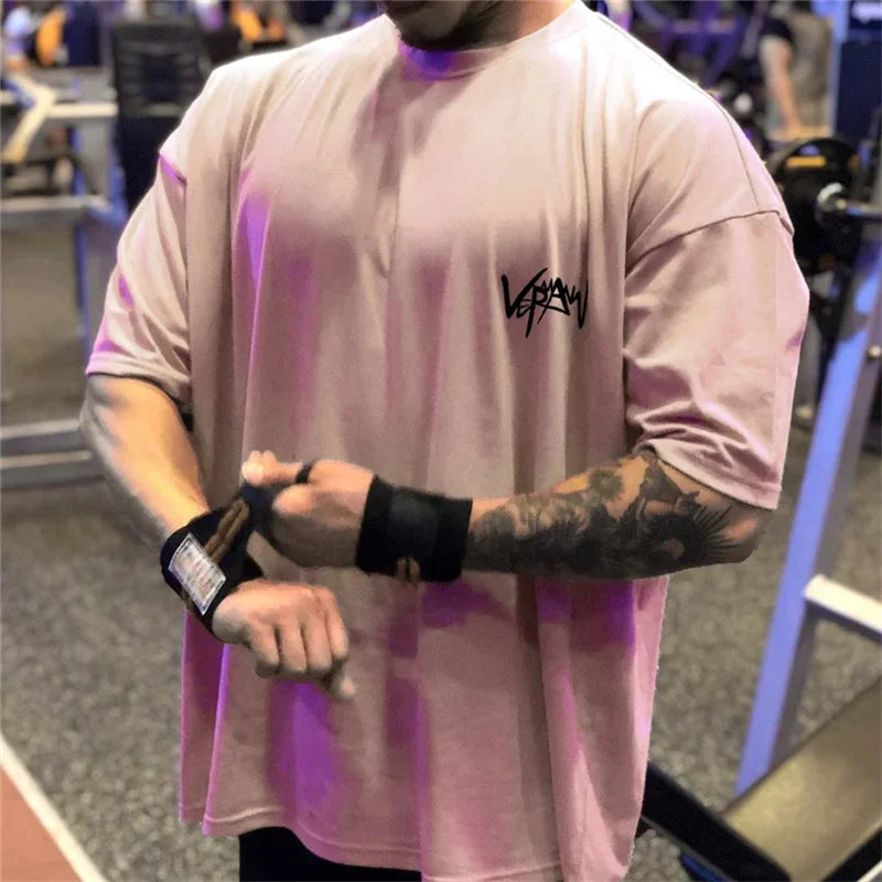 NEW Round Collar  sports T Shirt Oversize Cotton Summer Tee Training running shirt Man Streetwear Half Sleeve men T-shirt