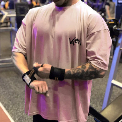 NEW Round Collar  sports T Shirt Oversize Cotton Summer Tee Training running shirt Man Streetwear Half Sleeve men T-shirt