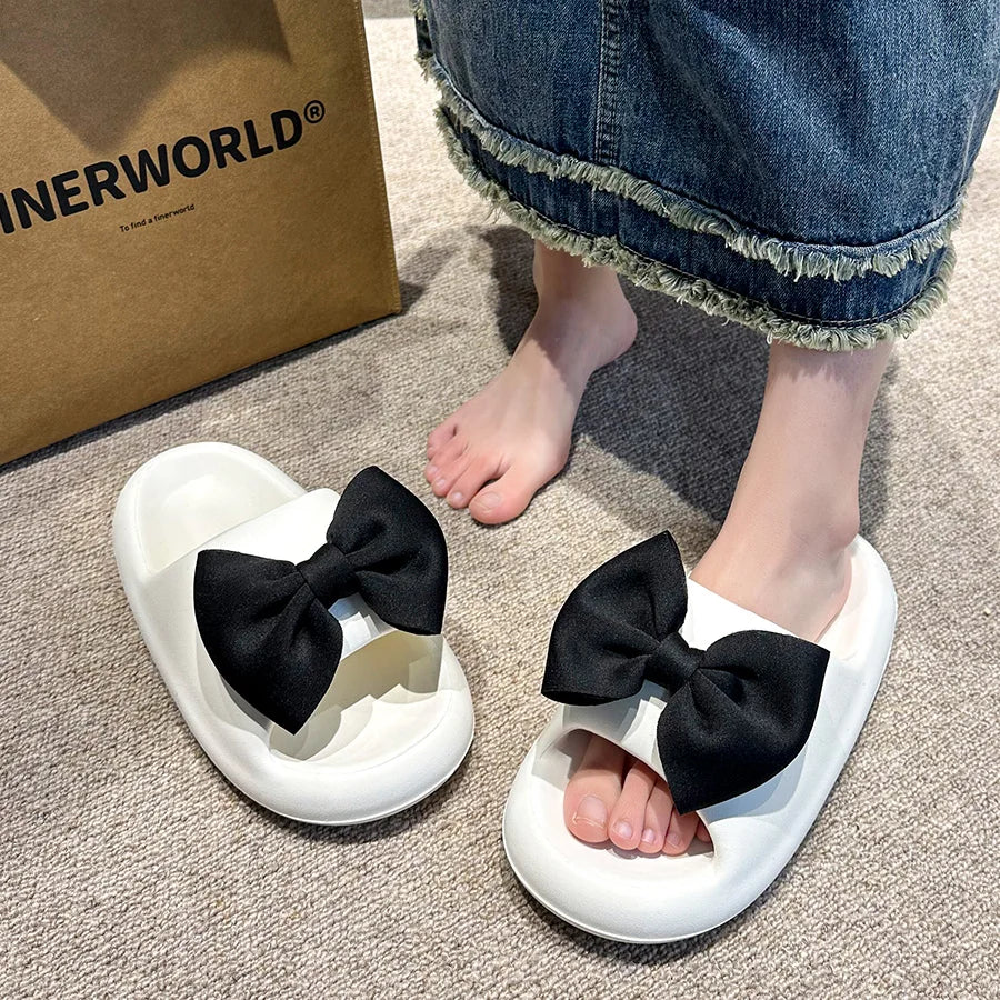 Fashion Bow Tie Slippers for Women Outdoor Thick Soft Sole Slippers Non Slip Slides Sweet Girls Beach Open Toe Shoes