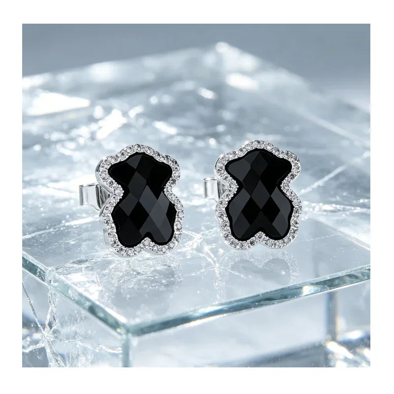 Crystal Halo Black Bear Stud Earrings