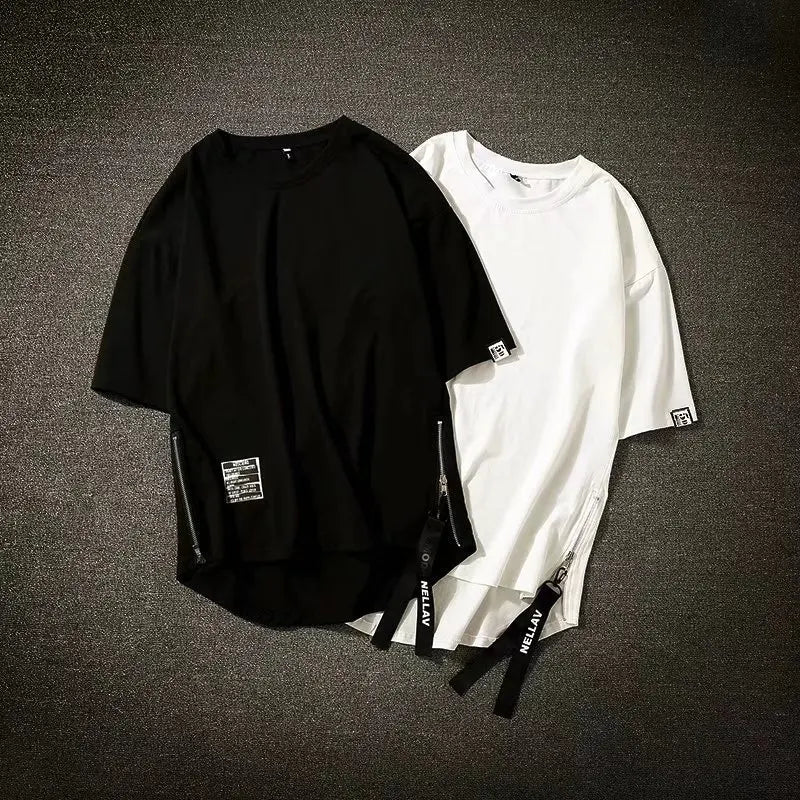 Y2K Summer New Mens Fashion Oversized Style Cargo T Shirt Man Techwear Men Brand Quality 100% Cotton Zip Up Short Sleeve Tshirt