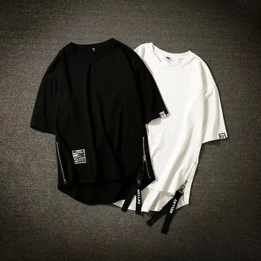Y2K Summer New Mens Fashion Oversized Style Cargo T Shirt Man Techwear Men Brand Quality 100% Cotton Zip Up Short Sleeve Tshirt