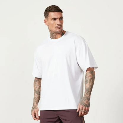 Oversized T-shirt Mens Cotton Dropped Shoulder Loose Short Sleeve Fitness T Shirt Summer Gym Bodybuilding Sports Tops Tees