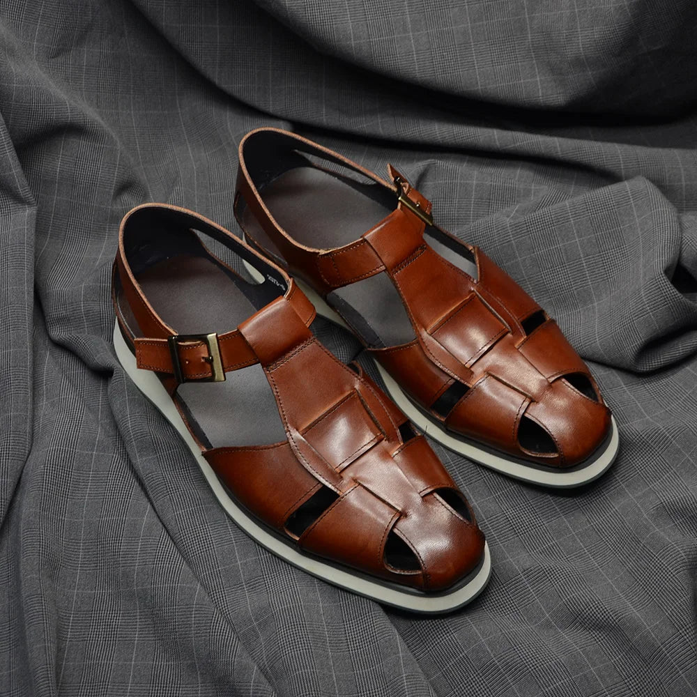 XEBOS Men's Sandals Genuine Leather Cowhide Summer Outdoor Flat Shoes Casual Sneakers Buckle Strap Black Brown Male Footwear