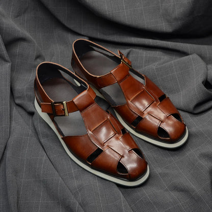 XEBOS Men's Sandals Genuine Leather Cowhide Summer Outdoor Flat Shoes Casual Sneakers Buckle Strap Black Brown Male Footwear