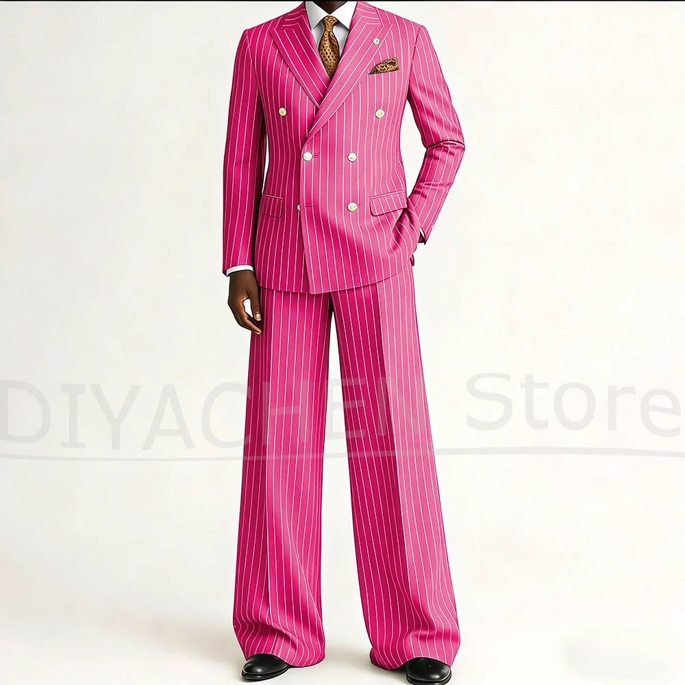 Men's Striped Double Breasted Suit Set Fashion Peak Lapel Formal Outfits 2 Piece Wedding Business Events Casual Male Suit