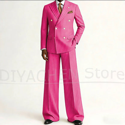 Men's Striped Double Breasted Suit Set Fashion Peak Lapel Formal Outfits 2 Piece Wedding Business Events Casual Male Suit