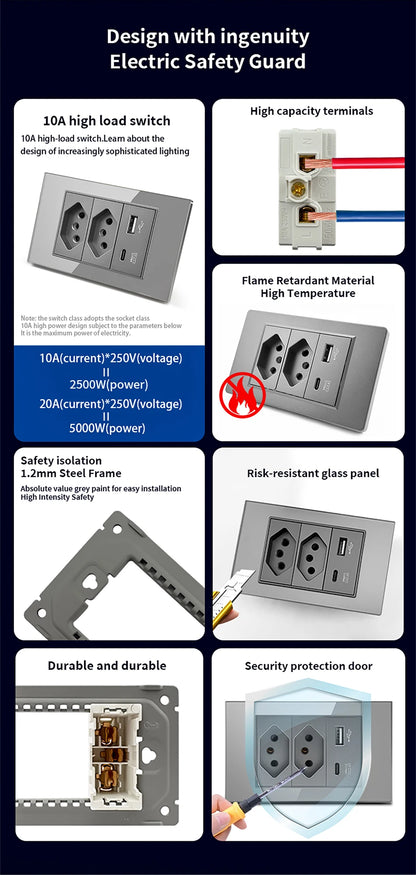 DELEFU 4*2 White Tempered Glass Brazil Standard Outlet with Double USB Type C Wall Power Socket  Switch Tuya Wifi 10A 20A
