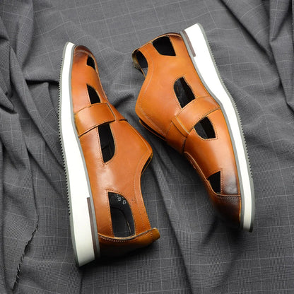 Classic Arabic Style Mens Sandals Genuine Cow Leather Slip-On Hollow Out Casual Business Party Dress Shoes for Men Flat Footwear
