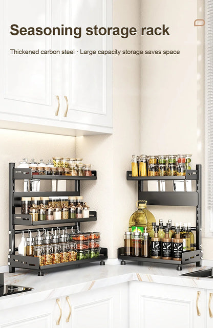 3 Tier Spice Storage Rack for Countertop Adjustable Spice Organization For Cabinet Kitchen Organizer Metal Shelf Black
