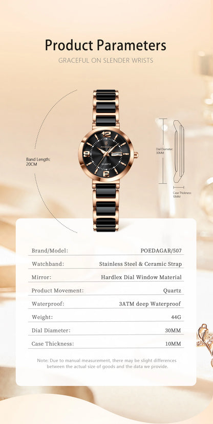 POEDAGAR Top Fashion Elegant Watch For Woman Week Date High Quality Waterproof Ladies Quartz Watch Stainless Steel Women Watches
