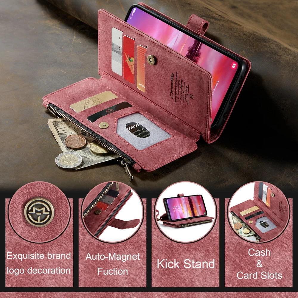 Leather Zipper Wallet Case For Samsung Galaxy A14 A15 A16 A17 A24 A25 A33 A34 A35 A36 A53 A54 A55 A56 A71 A72 4G 5G Phone Cover