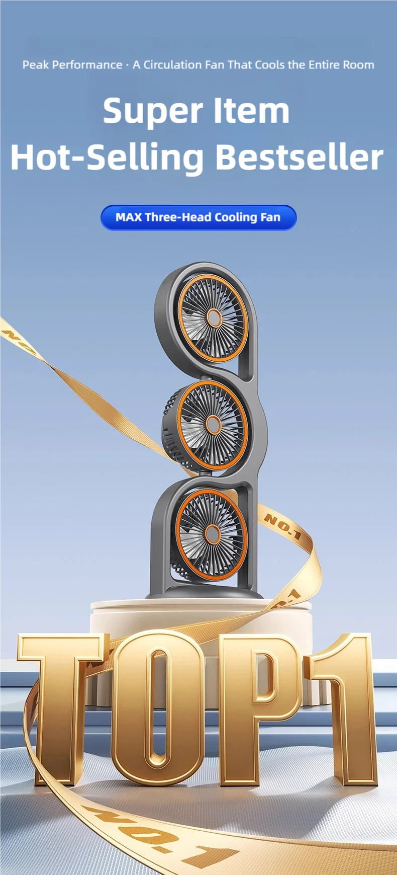 TINSOL New Portable USB Rechargeable Three-Head Fan – 360° Circulation, 5-Speed Wind, Dormitory and Outdoor Desktop Fan