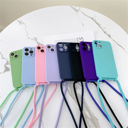 Crossbody Necklace Lanyard Cord Strap Liquid Silicone Case For iPhone 17 16 15 13 11 12 14 Pro Max XS XR X Plus Soft Candy Cover