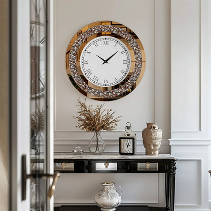 Silver,Tawny Tinted Round Mirror ,24inch Crystal Sparkle Twinkle Bling Crush Diamond Large Mirrored Wall Clock for Living Room