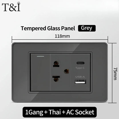 118*75mm TEMPERED GLASS SWITCH PANEL Wall Socket with USB Type - C, Grey US Switch, Thai Plug for Home & Office Use
