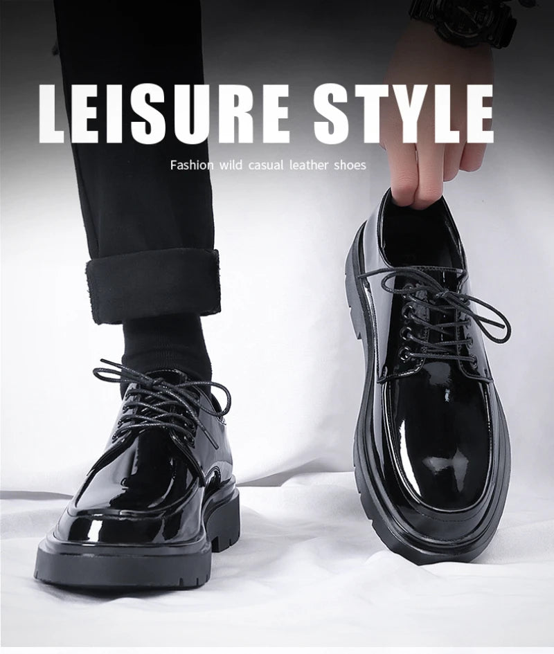 Mens Black Patent Leather Perforated Lace Up Chunky Platform Oxford Shoes Breathable Casual Business Formal Summer Dress Shoes