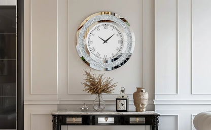 Silver,Tawny Tinted Round Mirror ,24inch Crystal Sparkle Twinkle Bling Crush Diamond Large Mirrored Wall Clock for Living Room