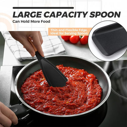 Wooden Handle Silicone Utensils - Non-Stick Kitchen Tools with Storage Caddy, Cooking Spoon & Spatula Set
