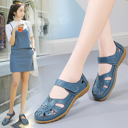 WOIZGIC Female Ladeis Mother Women's Genuine Leather Loater Flats Sandals Shoes Summer Cool Soft Outside Beach