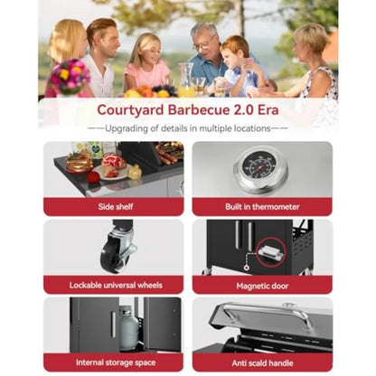 4-Burner Propane Grill with Side Burner 49000 BTU Gas Grill Stainless Steel Outdoor Grill with Cast Iron Grates and Side Tables