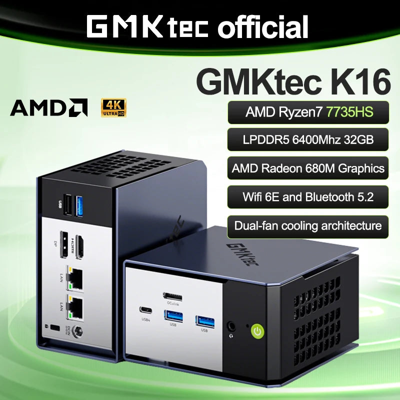 MKtec NucBox K16 Mini PC AMD Ryzen7 7735HS LPDDR5 6400Mhz 32GB Pcie 4.0 SSD Windows 11Pro WIFI 6E BT 5.2 Full-featured USB4.0