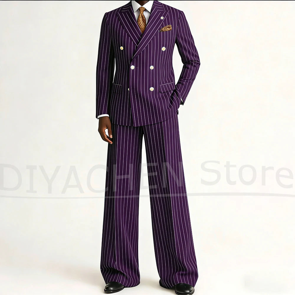 Men's Striped Double Breasted Suit Set Fashion Peak Lapel Formal Outfits 2 Piece Wedding Business Events Casual Male Suit