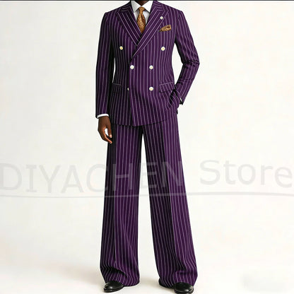 Men's Striped Double Breasted Suit Set Fashion Peak Lapel Formal Outfits 2 Piece Wedding Business Events Casual Male Suit