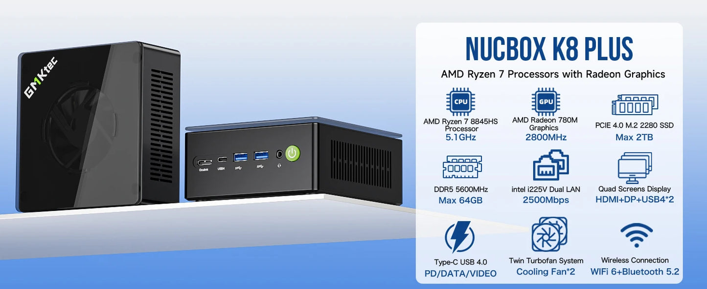 GMKtec K8 Plus Mini PC AMD R7-8845HS NUCBOX Window 11 Pro AMD Radeon™ 780M Oculink*1（PCIE GEN4*4)） DDR5 5600MHz