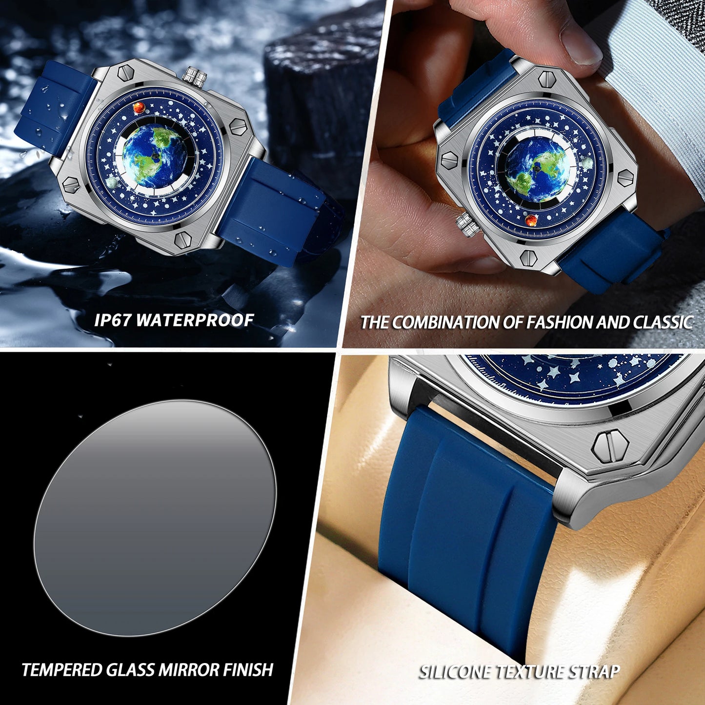 BINBOND Earth&Star Cool Quartz Wristwatches for Men Luminous Waterproof Precise Sports Men's Watch Durable Casual Reloj