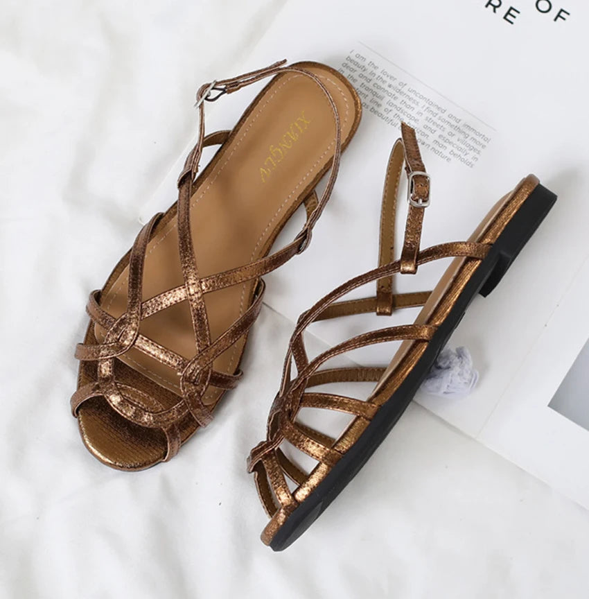 chaussure femme Women's braided t-strap flats sandals round toe casual female footwear summer shoes for women sandalias de mujer