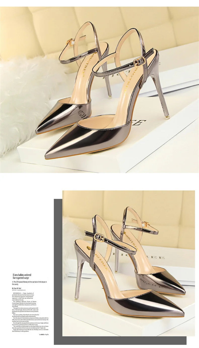 Women High Heels Sandals Metallic Gray Patent Leather Stripper Ankle Strap Wedding Nightclub Pointed Toe Party Valentine 86-1