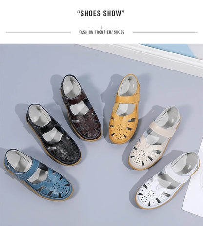 WOIZGIC Female Ladeis Mother Women's Genuine Leather Loater Flats Sandals Shoes Summer Cool Soft Outside Beach