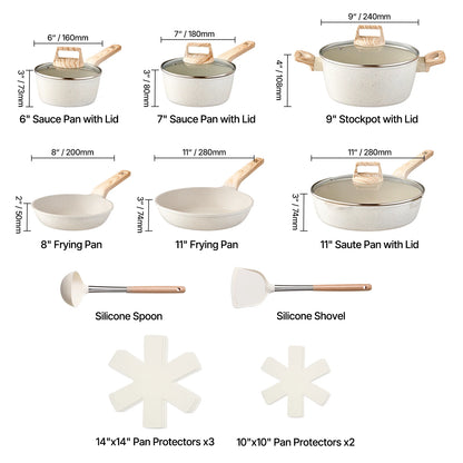 SucceBuy 17 Piece Pots and Pans Set Granite Nonstick Cookware Set Induction Cookwares Kitchen RV Cooking Sets with Pan Protector