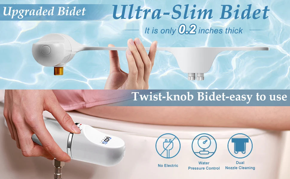 SOOSI Toilet Seat Bidet Attachment Ultra-Slim Double Nozzle Adjustable Water Pressure Non-Electric Ass Sprayer