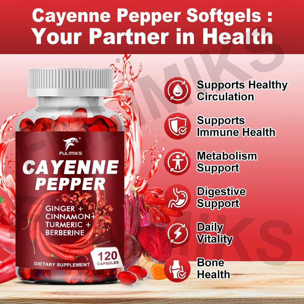 Cayenne Pepper Capsules, Supports Cardiovascular Health, Improves Digestion & Blood Circulation, Capsaicin Supplement Softgels