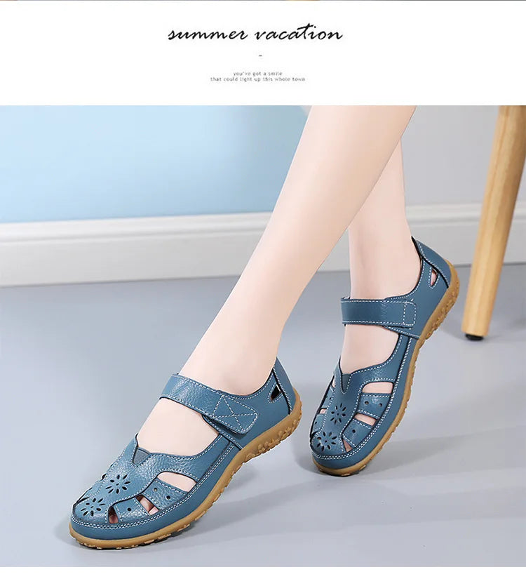 WOIZGIC Female Ladeis Mother Women's Genuine Leather Loater Flats Sandals Shoes Summer Cool Soft Outside Beach